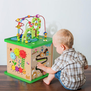 Tookyland 5 In 1 Activity Center, Wooden Large Activity Play Cube, Wooden Learning Puzzle Toy For Toddlers, With Animal Friends, Shapes, Mazes, Shape Sorter