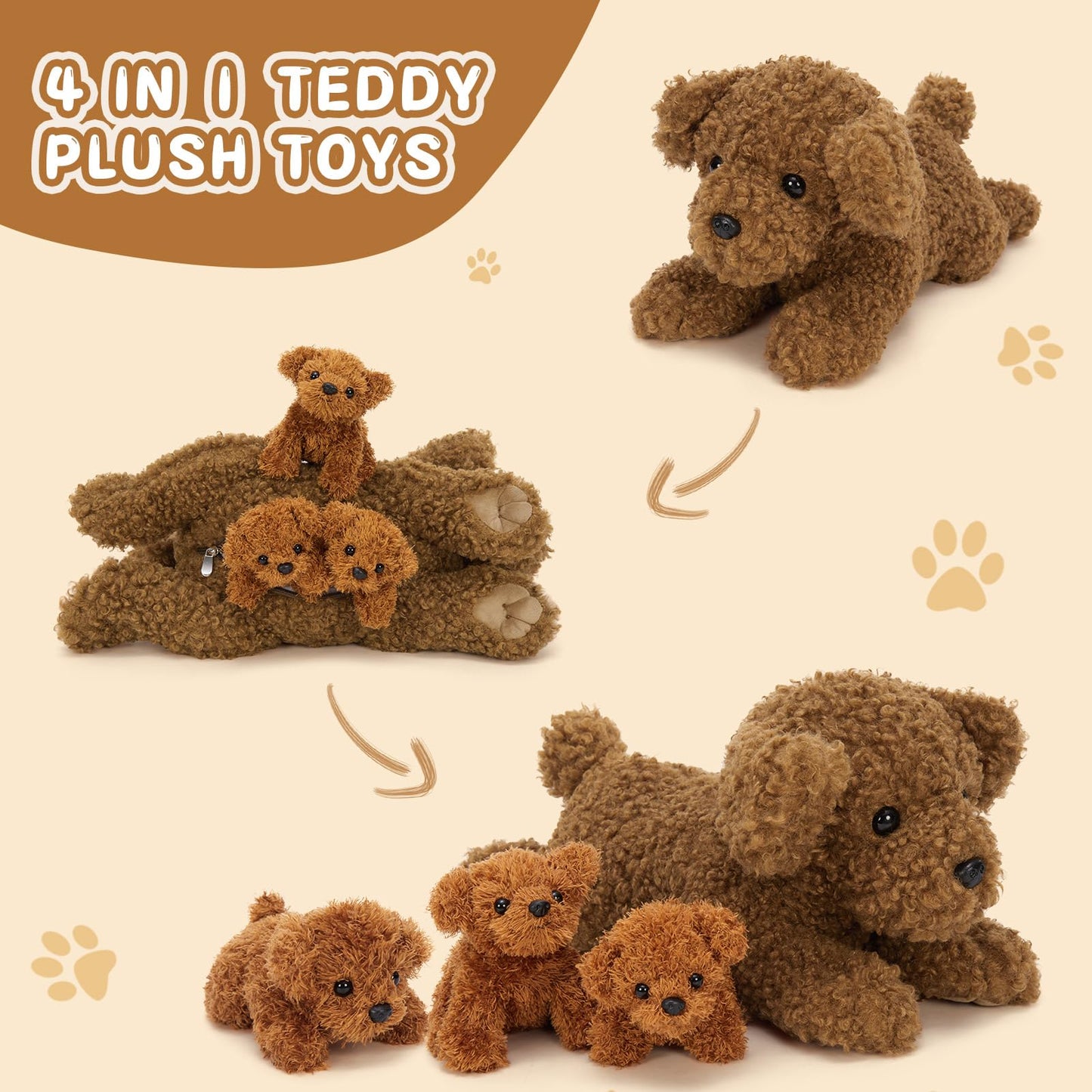 Muiteiur 4 Pcs Dog Stuffed Animals  18.5 Inch Teddy Dog with Puppies  Brown Dog Plush for Kids Girls Boys  Gift for Birthday Theme Party