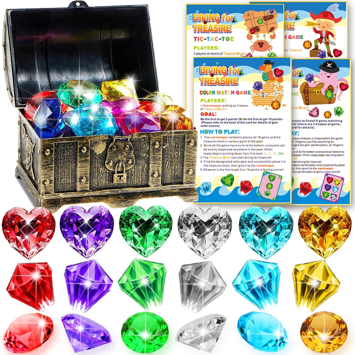 YOULIK Diving Gems Pool Toys incl. Waterproof Games Card Set, 3 Shapes 18 Big Colorful Diamond with Large Pirates Chest, Swim D