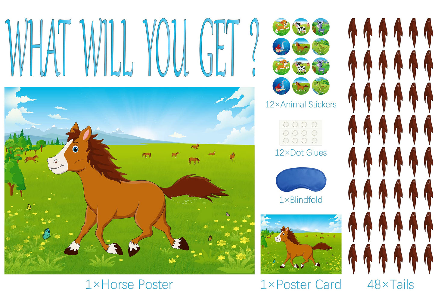 Morcheiong Pin The Tail On The Horse Birthday Game With 48Pcs Tails For Kids Farm Birthday Party Supplies Decorations Favors
