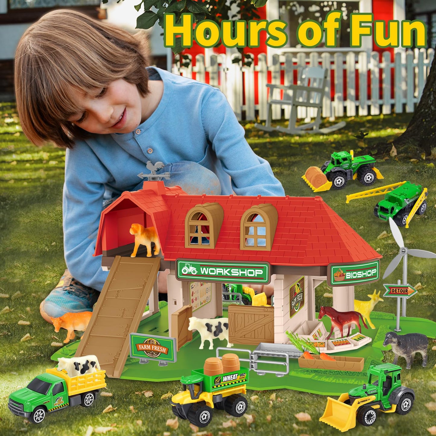 Oriate Toy Barn House with Tractor & Animal Farm, 1 64 Diecast Tractors Toys for Kids 3-5 4-6, Big Red Farm Barn Toys Playset fo