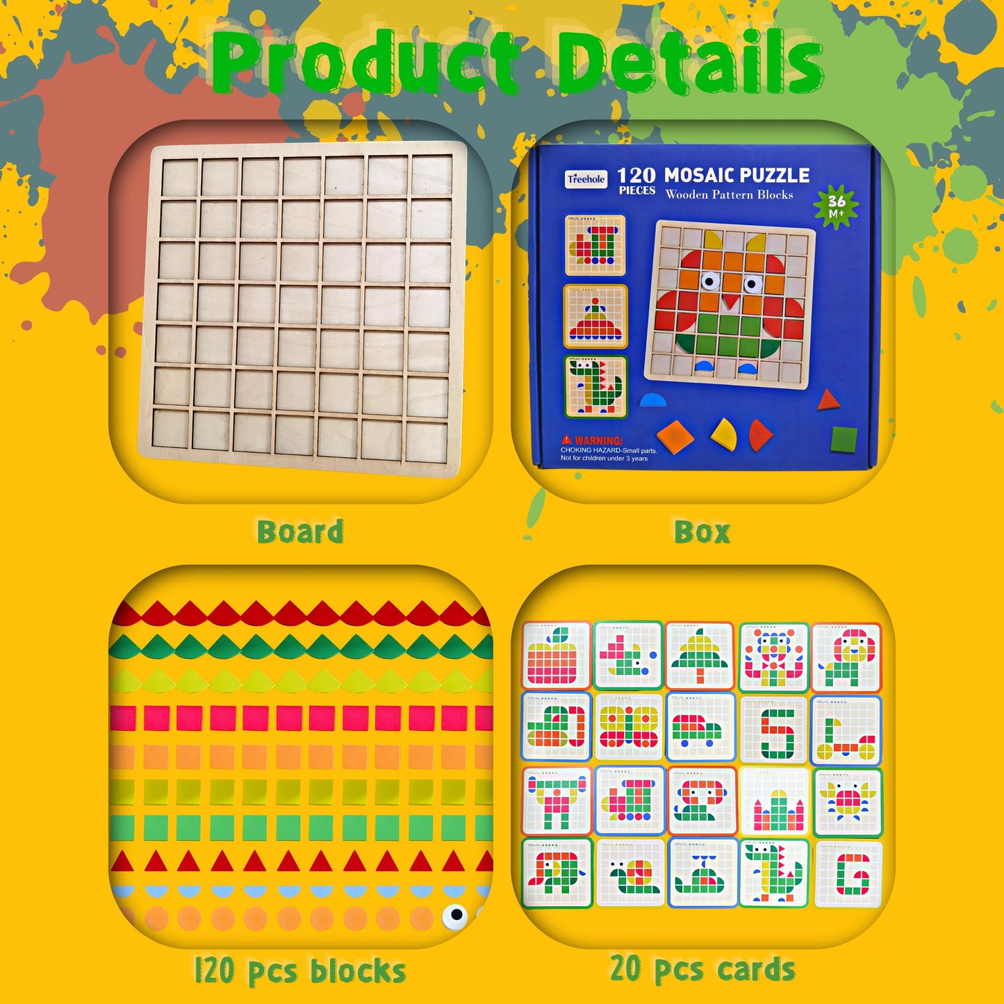 Mosaic Shape Wooden Pattern Blocks Puzzle, 120 Pcs Wooden Pattern Blocks With 20 Pcs Design Cards,Kindergarten Classic Education