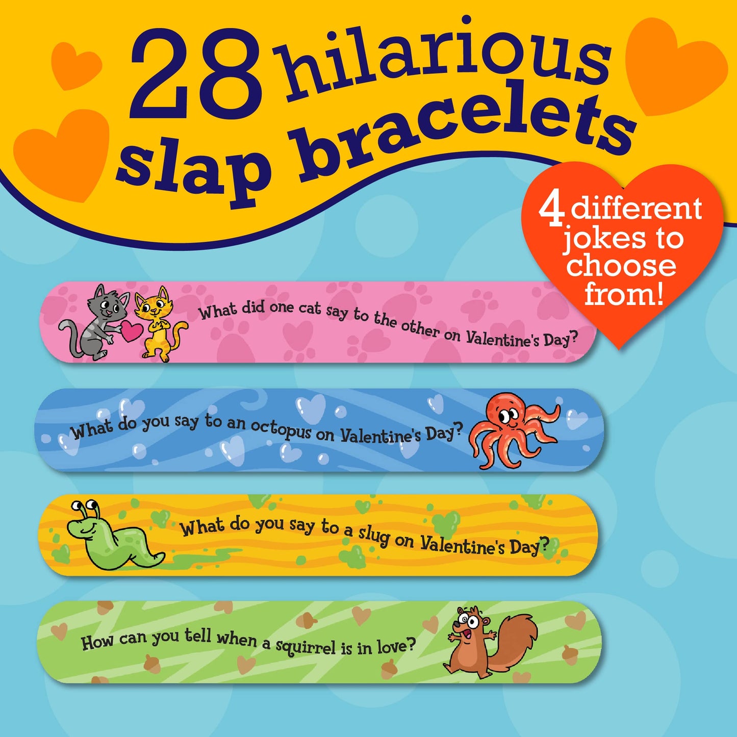 Peaceable Kingdom Valentines Cards for Kids Classroom, Set of 28 Valentines Day Gifts - Jokes Slap Bracelets