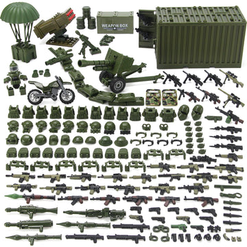 Jungle Green Army Accessories Kit 325 Pcs Military  Pack Gear E.O.D Suit NVD Helmet Shipping Container protective coveringy Building Block Toy for Soldiers Compatible with Major Brands