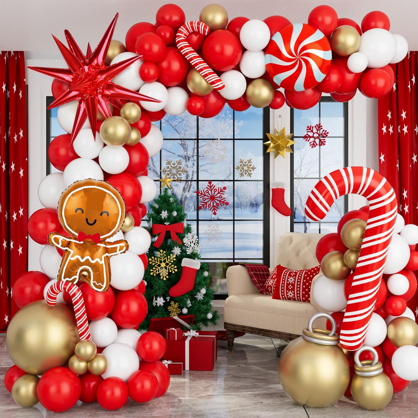 Christmas Balloon Garland Arch Kit Xmas Holiday Balloons With Red White Golden Balloons Candy Foil Balloons Candy Cane Balloons