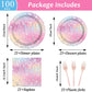 Qyeahkj 100Pcs Iridescent Diamond Birthday Party Plates Napkins Forks Supplies Set Holographic Tableware Party Supplies Gem Ston