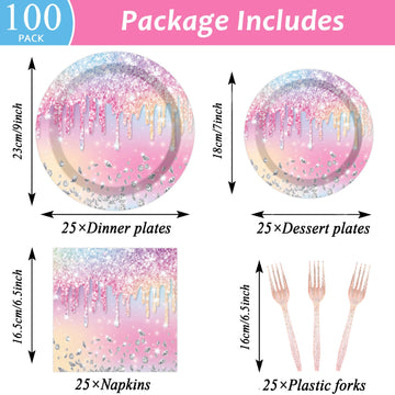 Qyeahkj 100Pcs Iridescent Diamond Birthday Party Plates Napkins Forks Supplies Set Holographic Tableware Party Supplies Gem Ston