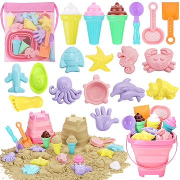 REZUCREY Beach Toys, Ice Cream Sand Toys for Toddlers, with Collapsible Bucket and Shovels for Kids with Bag, Travel Toys for Bo