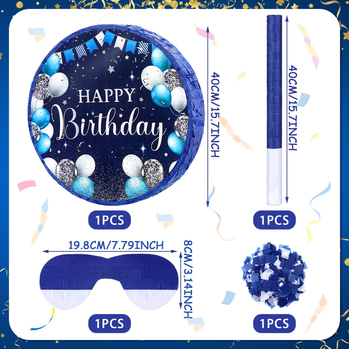 Sinmoe Birthday Piata with Stick Blindfold and Confetti for Boys Girls Men Women Birthday Party Supplies(Blue and Silver)