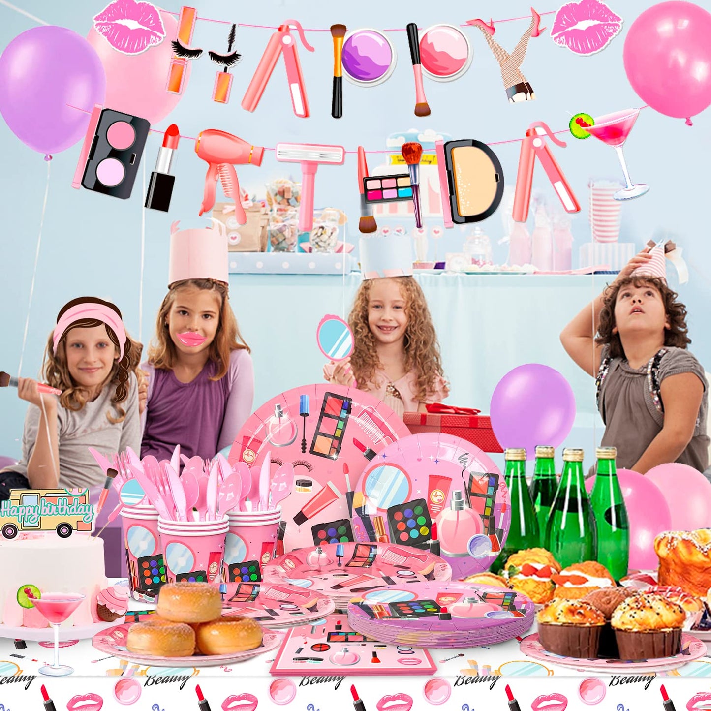 Makeup Birthday Party Supplies,165pcs Spa Party Decorations Set-Makeup Theme Party Decoration Plates Cups Napkins Banner Balloon