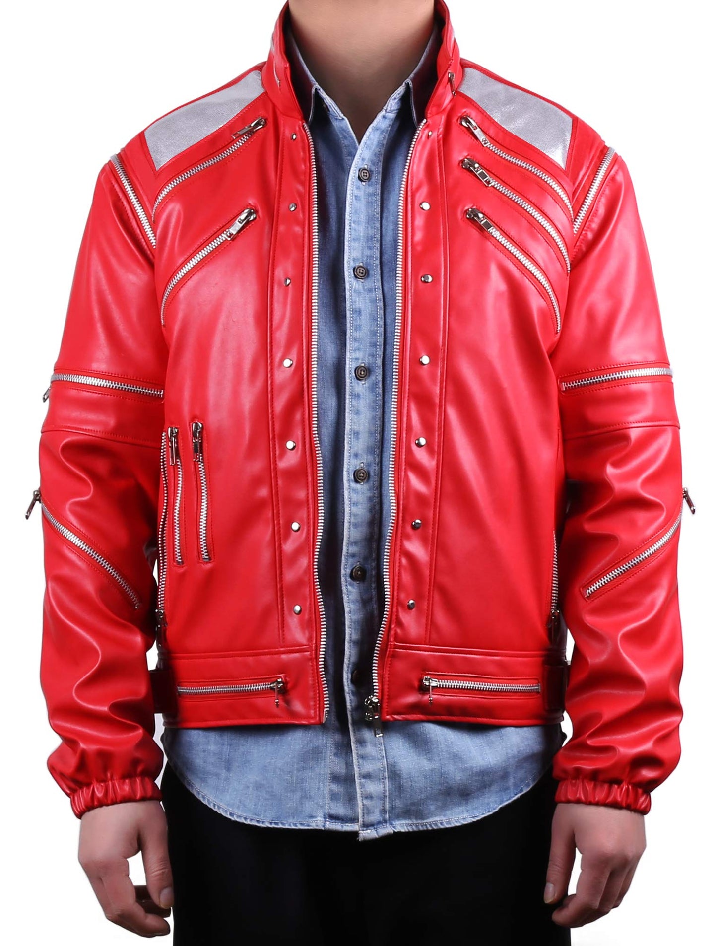 MJB2C Red 80s PU Leather Jacket - Retro Zipper Accent Stage Coat for Cosplay  Halloween & Party - mature-themed Small
