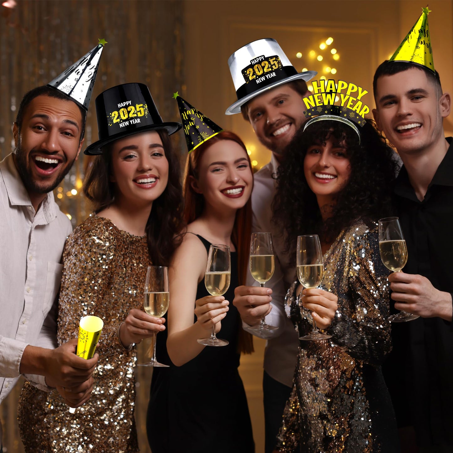 48PCS New Years Eve Party Supplies for 24 Guests - Happy New Year Headband, Gold Black Party Favors, Cone Hats, Horns, Blowouts