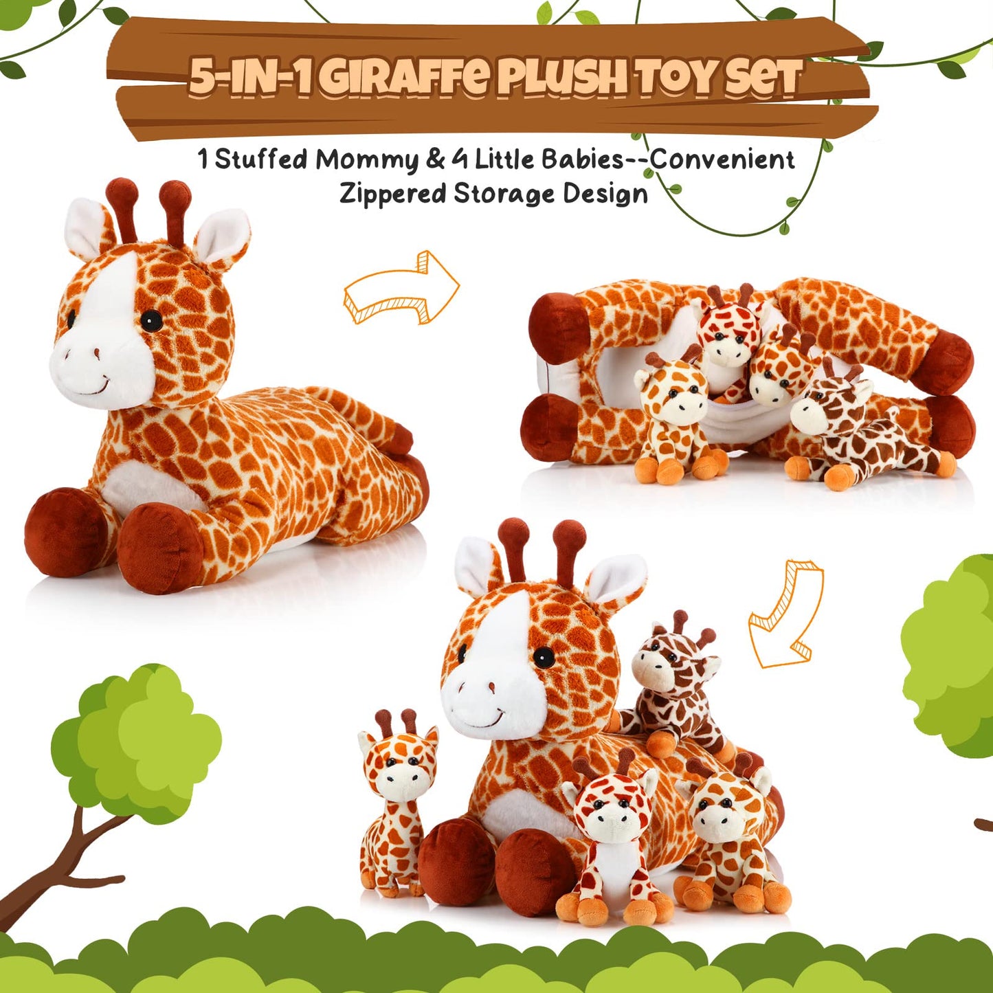 Honoson 5 Pcs Giraffe Stuffed Animals Set 18'' Large Mommy Giraffe Plush With 4 Cute Baby Giraffes Zippered Tummy Soft Giraffe G