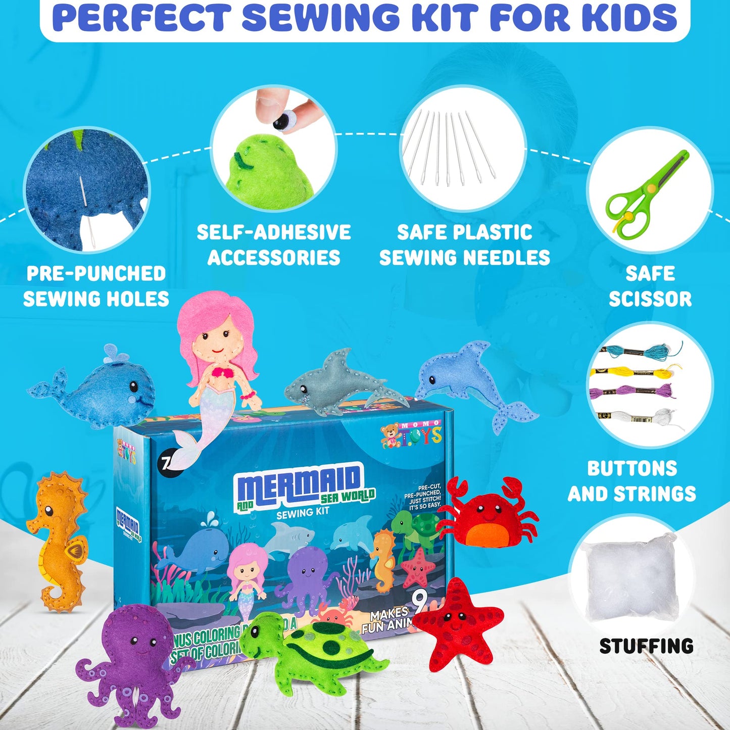 Momotoys Sewing Kit For Kids, Fun & Educational Mermaid And Sealife Sew Craft Set For Boys And Girls Ages 8-12, Complete Beginne