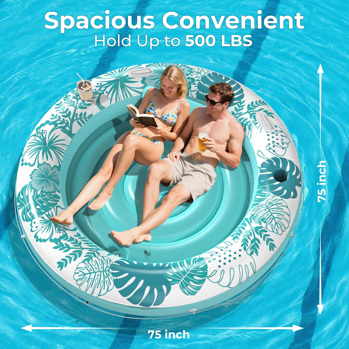 Inflatable Tanning Pool Lounger Float with Protection Tarp  75 x 75 Pool Floats mature-themed with Pillow  6 in 1 Suntan Tub Raft Floatie  Sunbathing Water Lounge Blow Up Pool Kids Ball Pit Party Gifts-Cyan