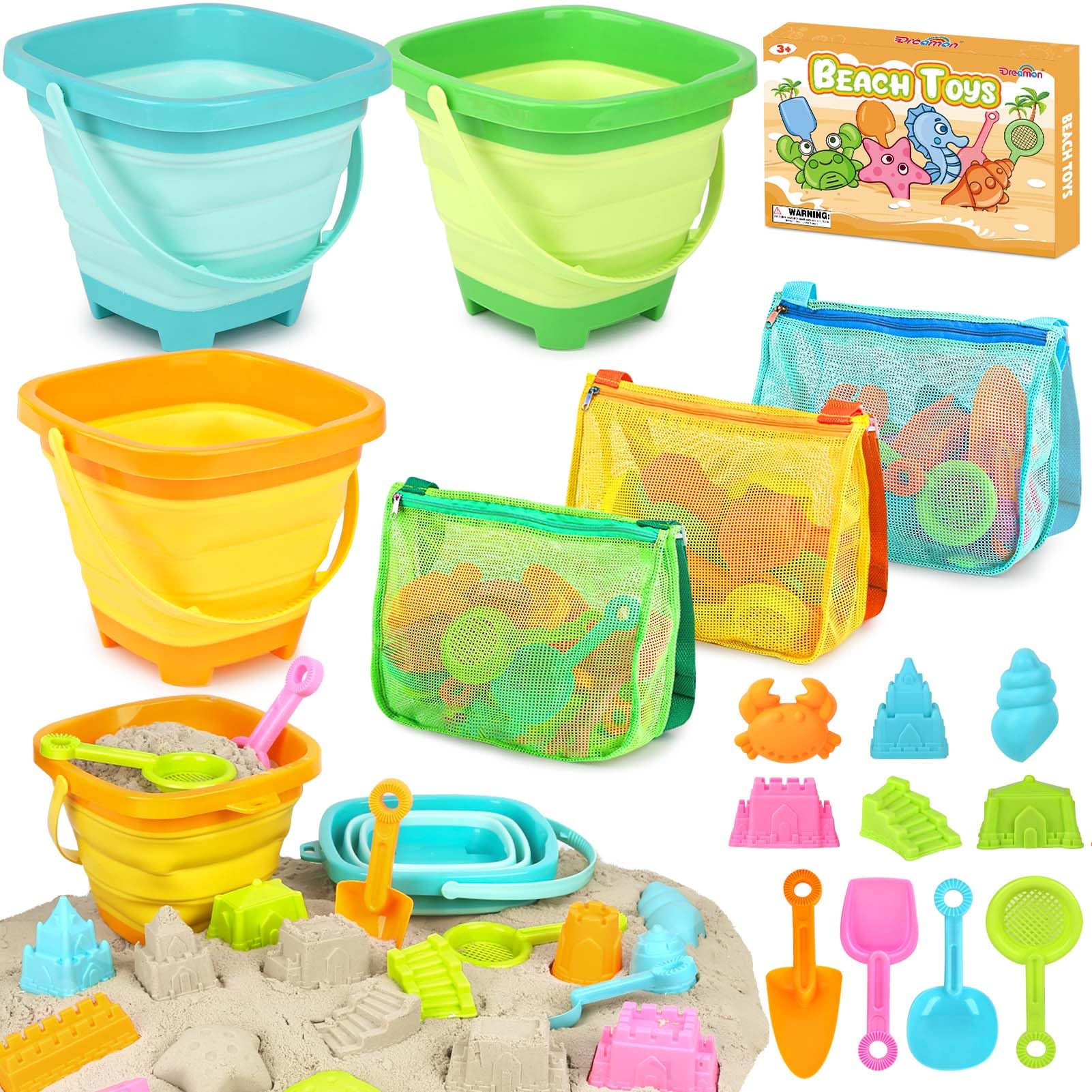 Dreamon Beach Toys for Kids 3-10, Collapsible Sand Toys Include 3 Pack Foldable Buckets with Mesh Bag, 24 PCS Beach Mold and Sho