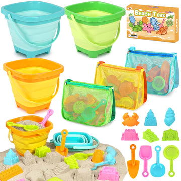 Dreamon Beach Toys for Kids 3-10, Collapsible Sand Toys Include 3 Pack Foldable Buckets with Mesh Bag, 24 PCS Beach Mold and Sho