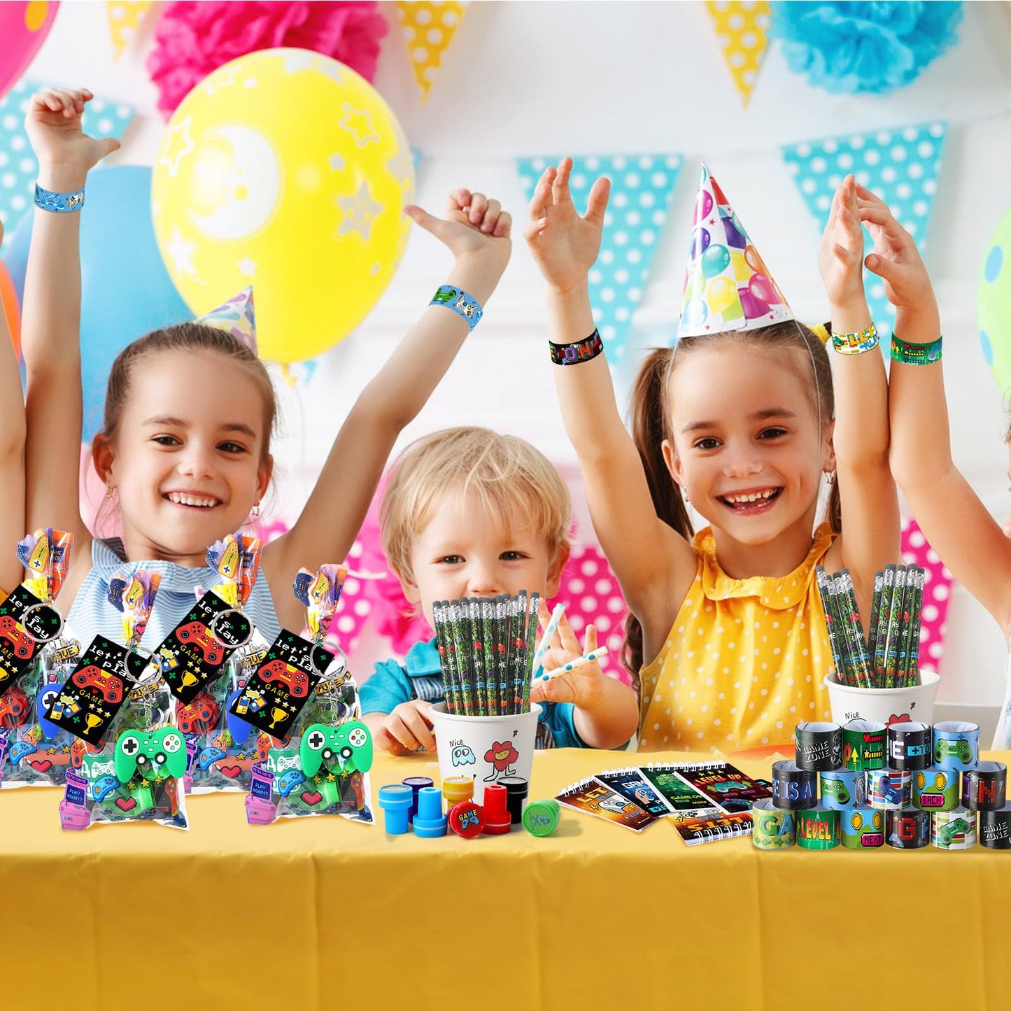 Sayglossy 331 Pcs Video Game Party Favors Set Includes Gift Bags Pencils Notebook Sharpener Slap Bracelets Rings Keychains Tatto