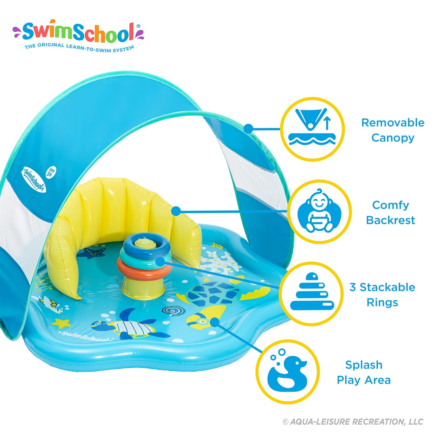 SwimSchool Baby Splash Play Mat – Inflatable Pool with Canopy, Backrest, Toy Rings, 28", Seafoam Blue & Lemon, Model AZI11261BL