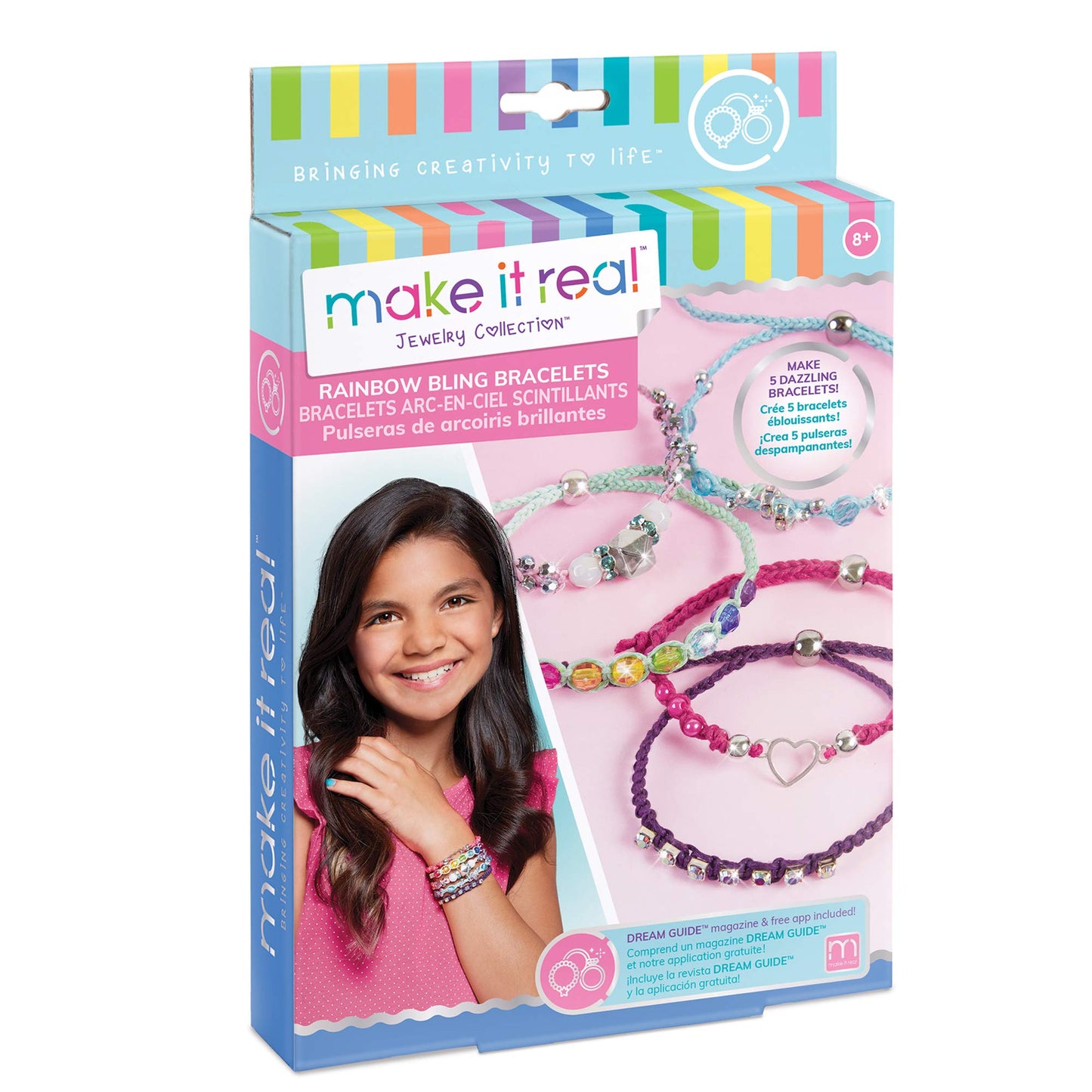 Make It Real: Rainbow Bling Bracelets Kit - Create 5 Unique Cord Charm Bracelets, 82 Pieces, Includes Play Tray, All-In-One, DIY