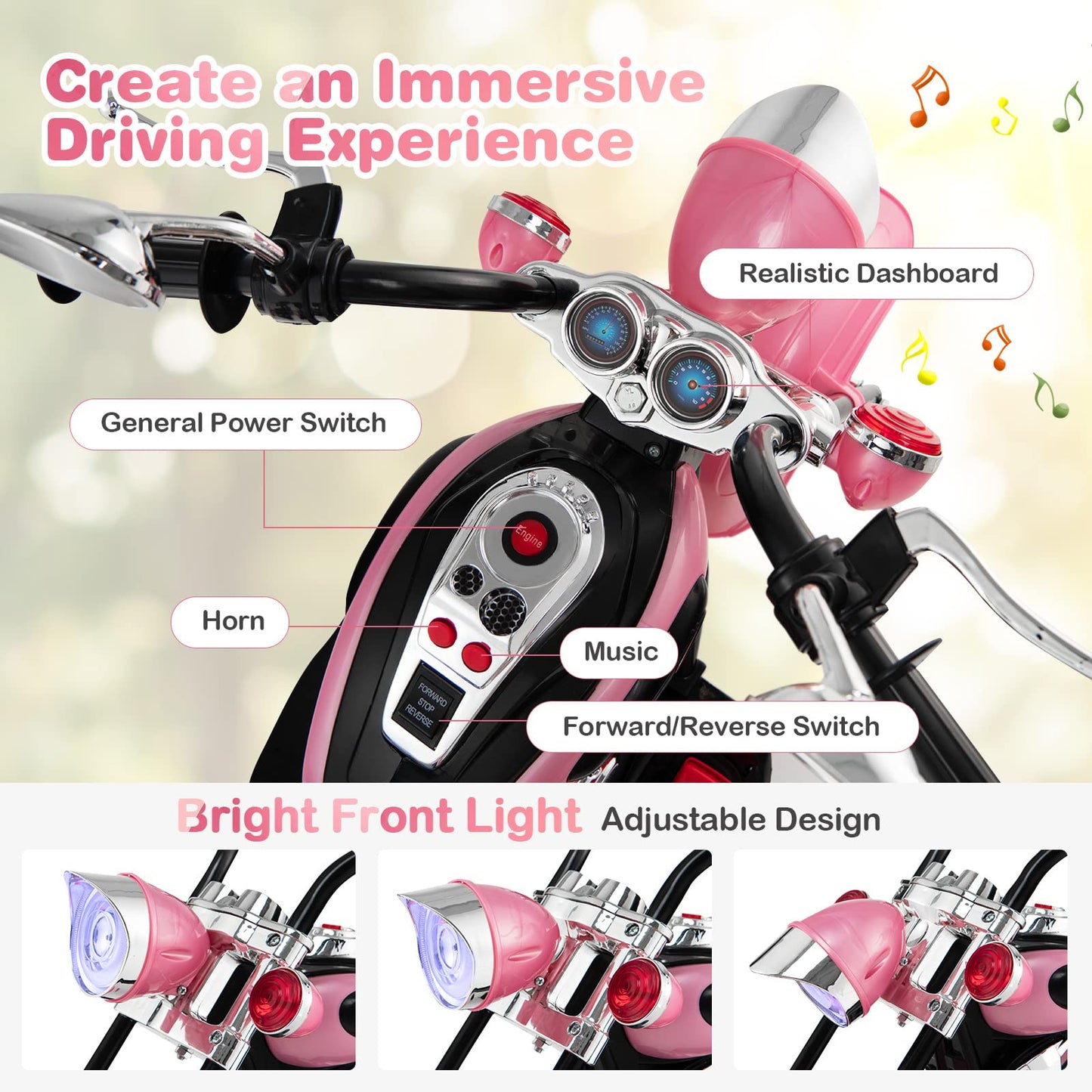Dortala Kids Motorcycle, 6V Battery Powered Ride-On Chopper Motorcycle Trike With Horn, Headlights, Forward/Reverse Switch, 3 Wheels Electric Motorcycle For Kids, Gift For Boys Girls (Pink)
