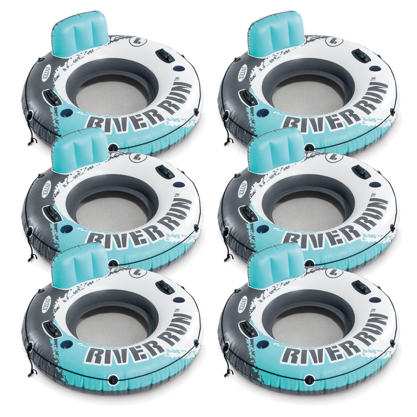 Intex River Run 1 Inflatable Floating Lounge w/Backrest  Built-in Cup Holders  Grab Handles  & Grab Rope -220lb Weight Capacity  Color Varies (6 Pack)