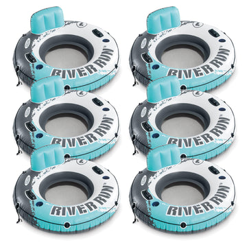 Intex River Run 1 Inflatable Floating Lounge w/Backrest  Built-in Cup Holders  Grab Handles  & Grab Rope -220lb Weight Capacity  Color Varies (6 Pack)
