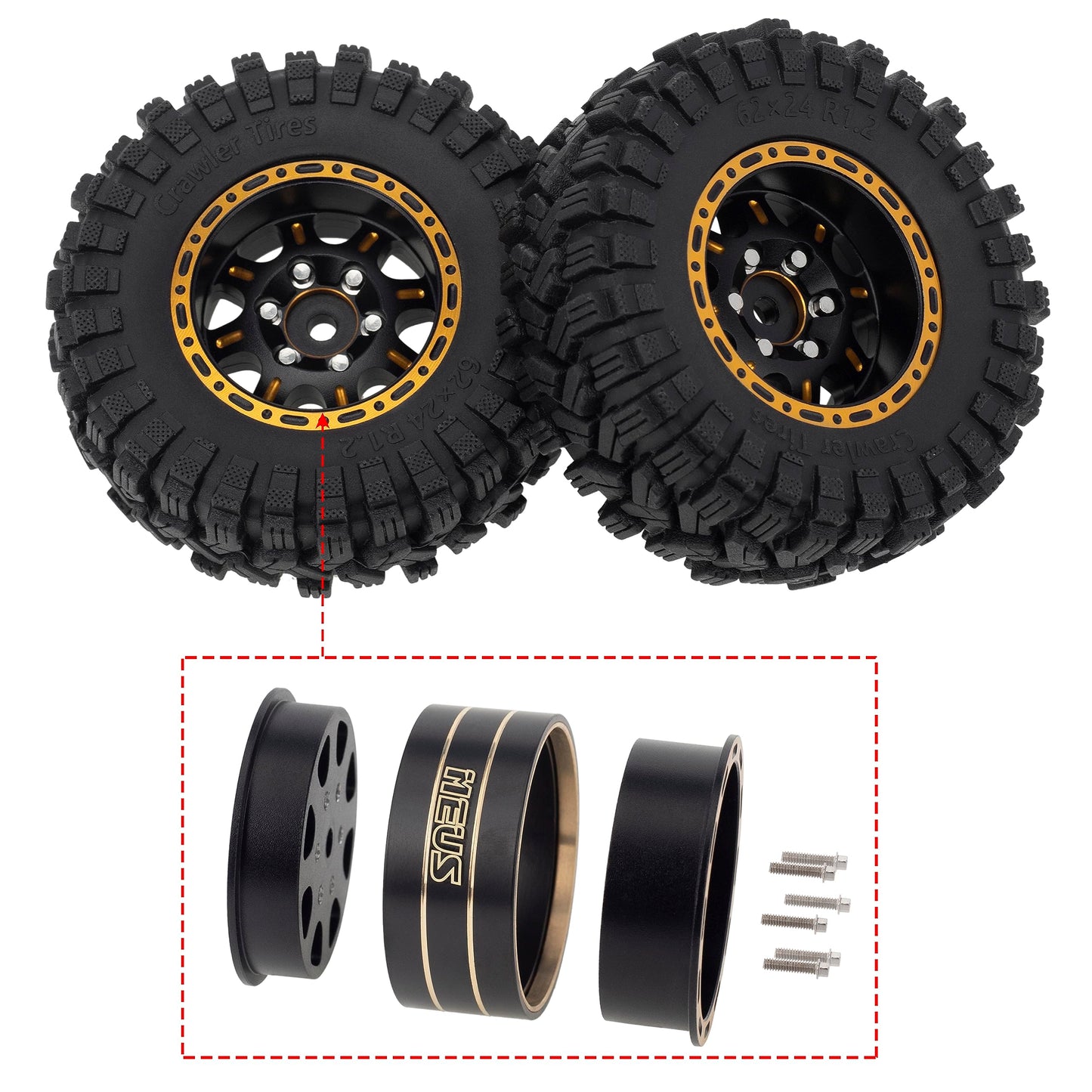 MEUS RACING 1.2 Beadlock Wheels Tires Set Brass Rim for TRX4M SCX24 FCX24 AX24 1/24 1/18 RC Crawler Car, Negative 4mm 42g (Black