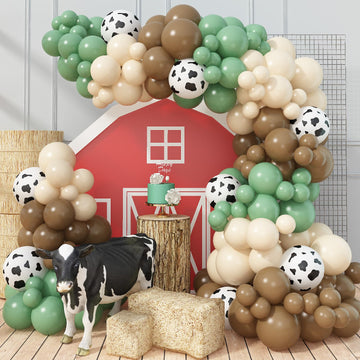 Green And Brown Balloon Arch Garland Kit, Cow Print Balloon Arch Kit Western Farm Retro Olive Sage Green Coffee Brown Beige Whit