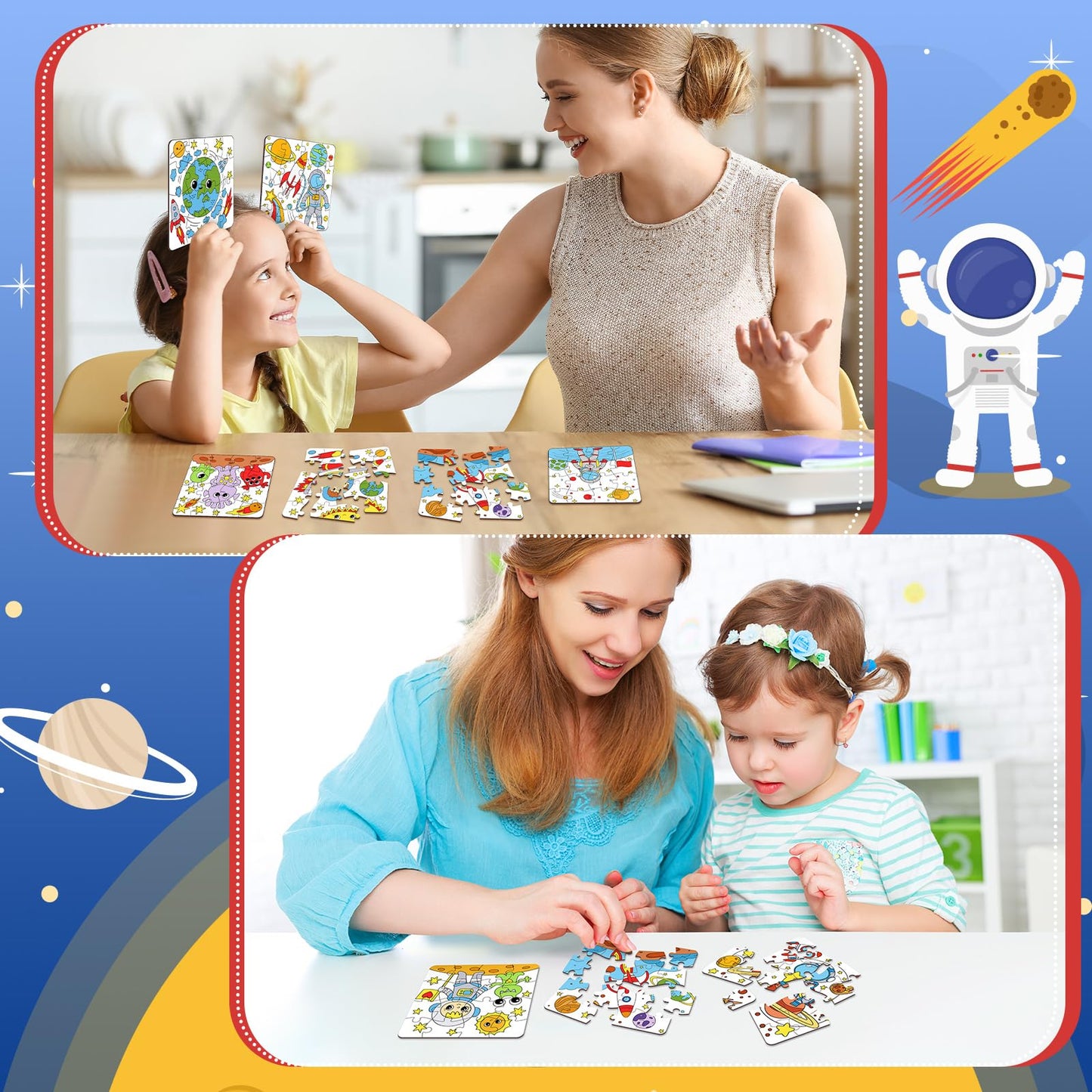 Realspring 24 Pack Outer Space Color Your Own Jigsaw Puzzles for Kids 3-5, 4-6, 6-8, Coloring Crafts DIY Paper Puzzles Party Fav