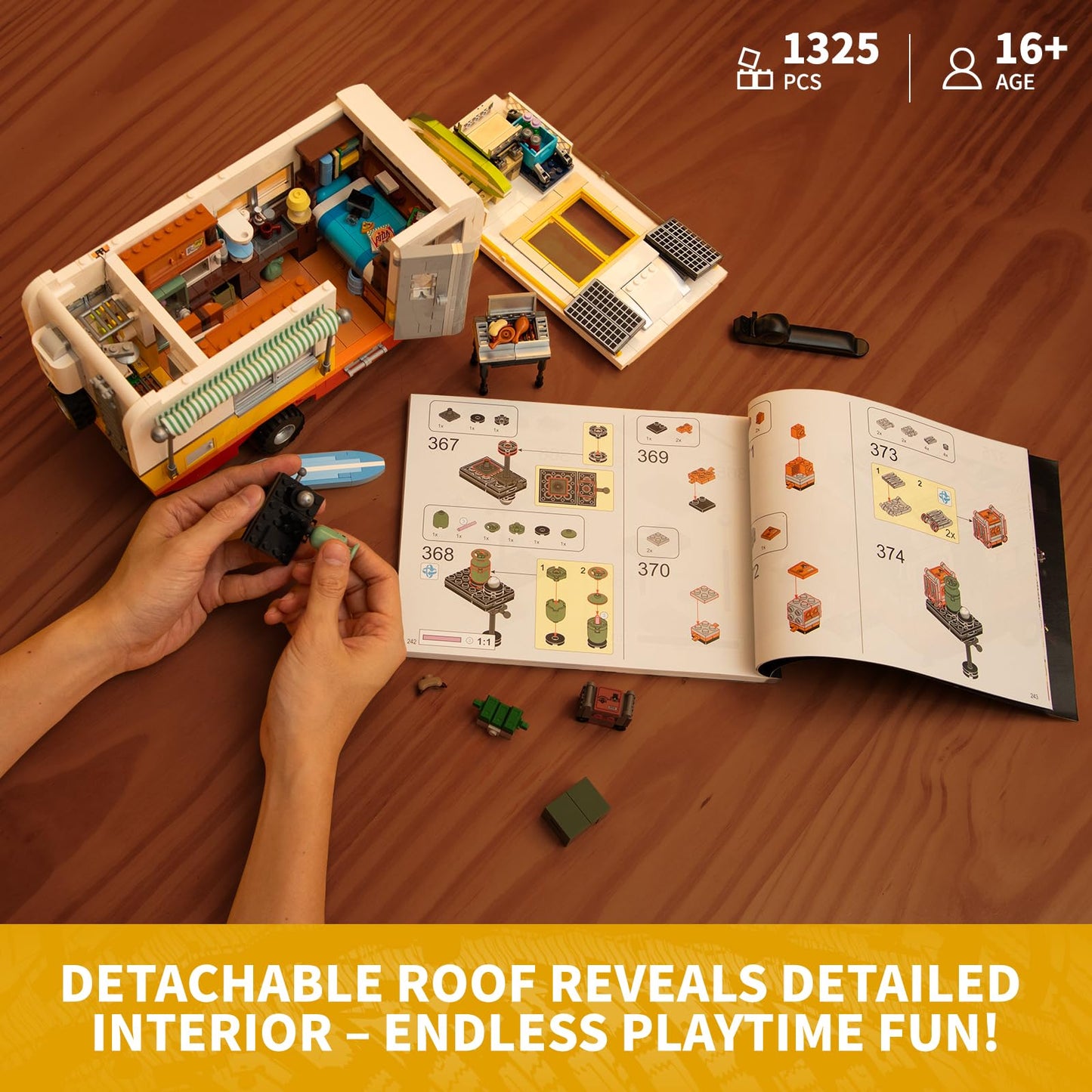 Funwhole Travel Trailer Lighting Building-Bricks Set - Classic Camper Van For Beach 1325 Pcs Creator Vehicle Kit For Adult And Teens