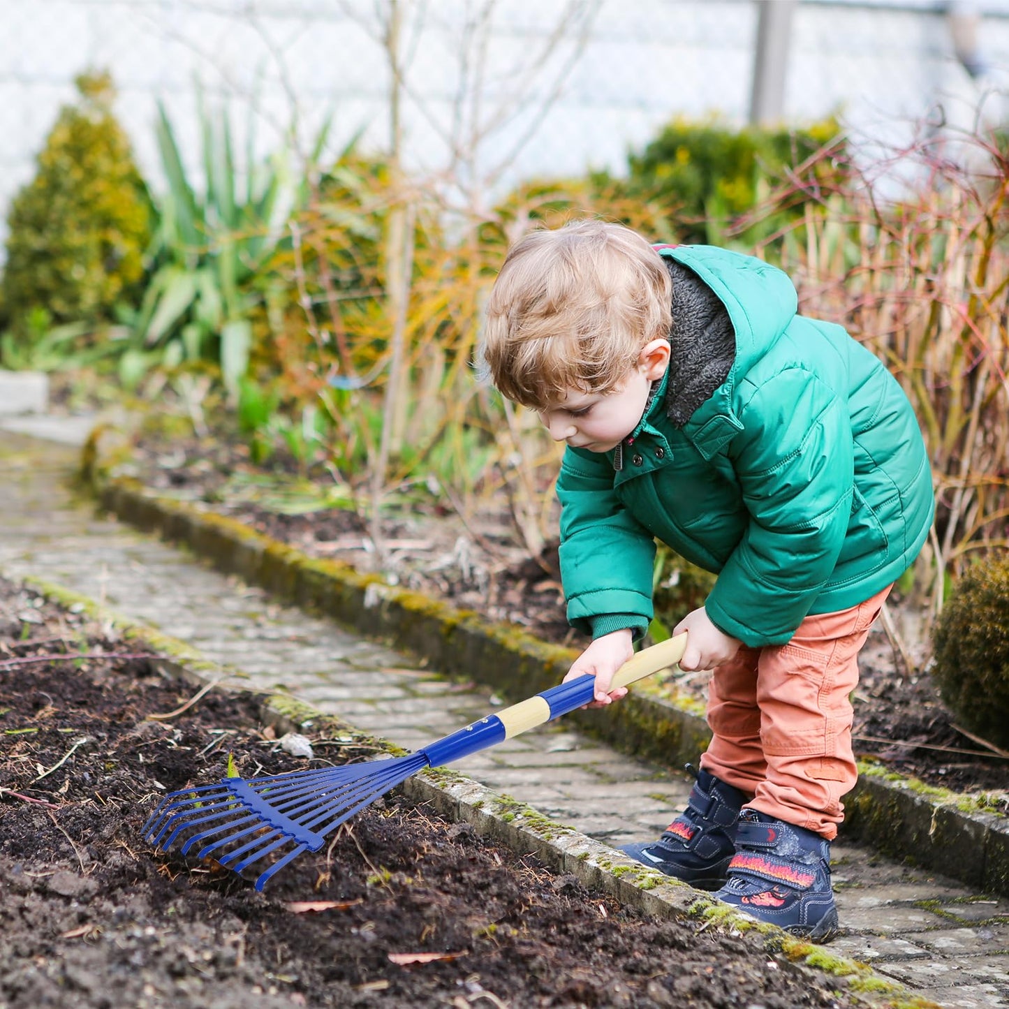 Nng 2 Pcs 27'' Metal Kids Leaves Rakes And 2 Pcs Kids Gloves,Small Kids Lawn Rakes With Wooden Handle,Garden Tool Set For Kids B