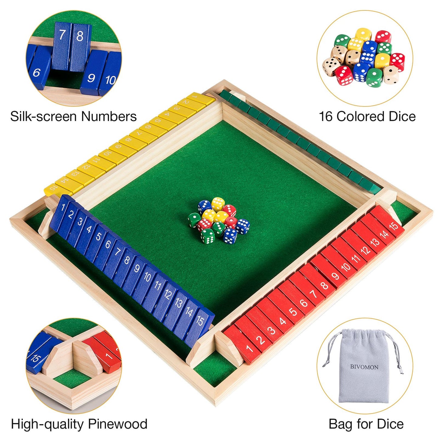 BIVOMON Upgraded Shut The Box Game - 4 Player Colorful Wooden Board Game with 15 Numbers & 16 Dices, 16.54''