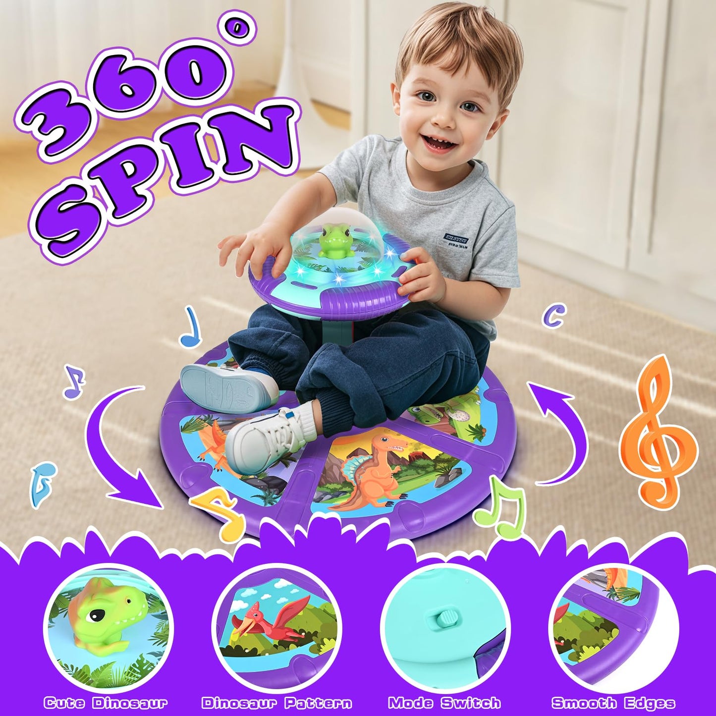 Retroaudio Dinosaur Sit And Spin Toy For Toddlers 1-3 3-5 360Spinning Toys Birthday Gift For Girls Boys, Sit N Spin Toys For Tod