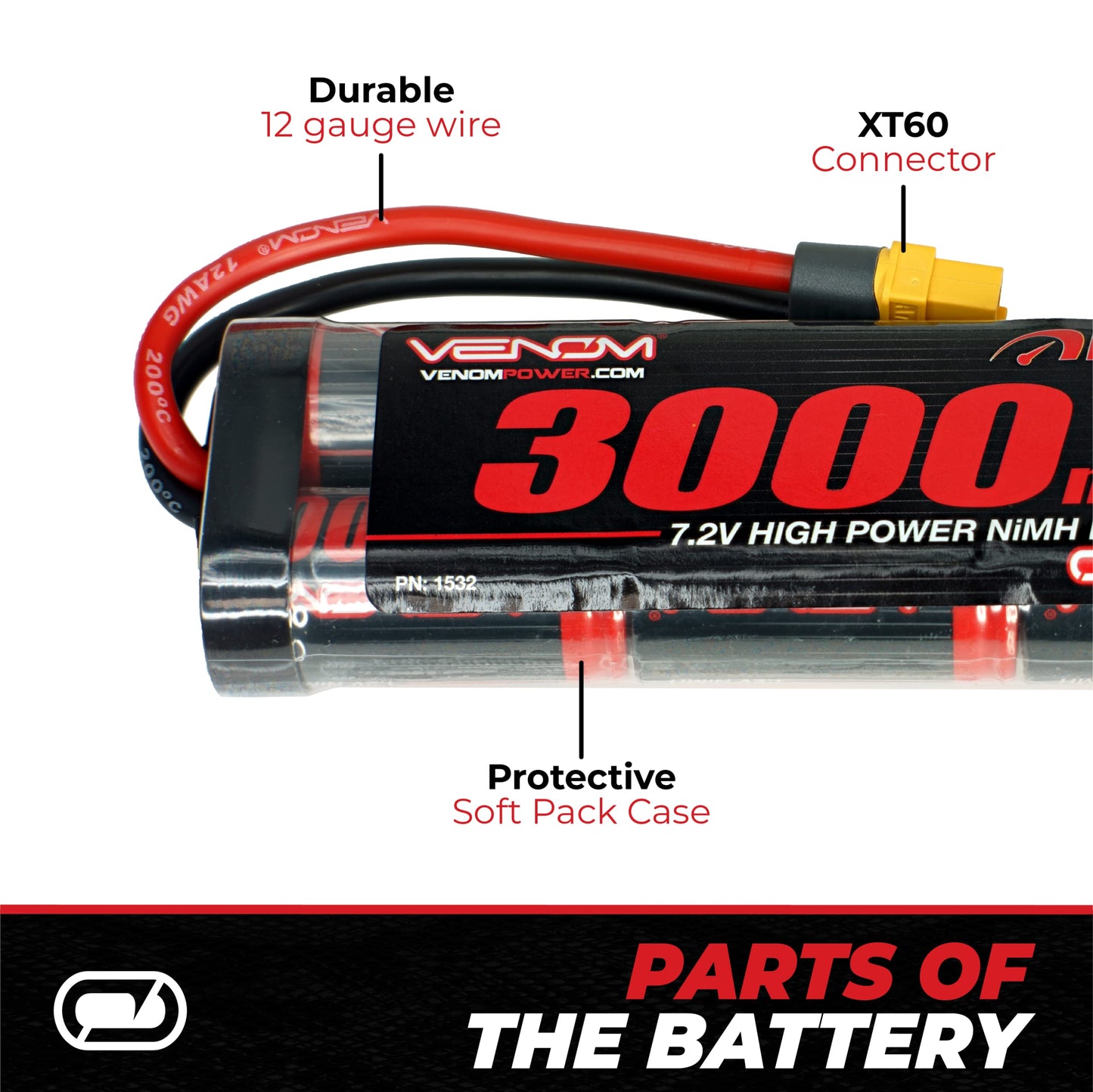 Venom Drive Series 6S - 3000mAh 7.2V NiMH Battery Flat - Universal 2.0 Plug, Nickel Metal Hydride 6 Cell - Silicone Connector &