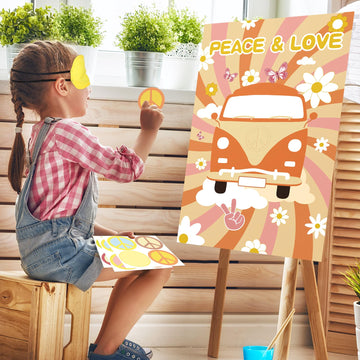 Pin The Peace Sign On The Hippie Van With 32 Pcs Sign Stickers Large Groovy Hippie Party Games Poster For Kids Groovy Birthday Party Carnival Party Supplies