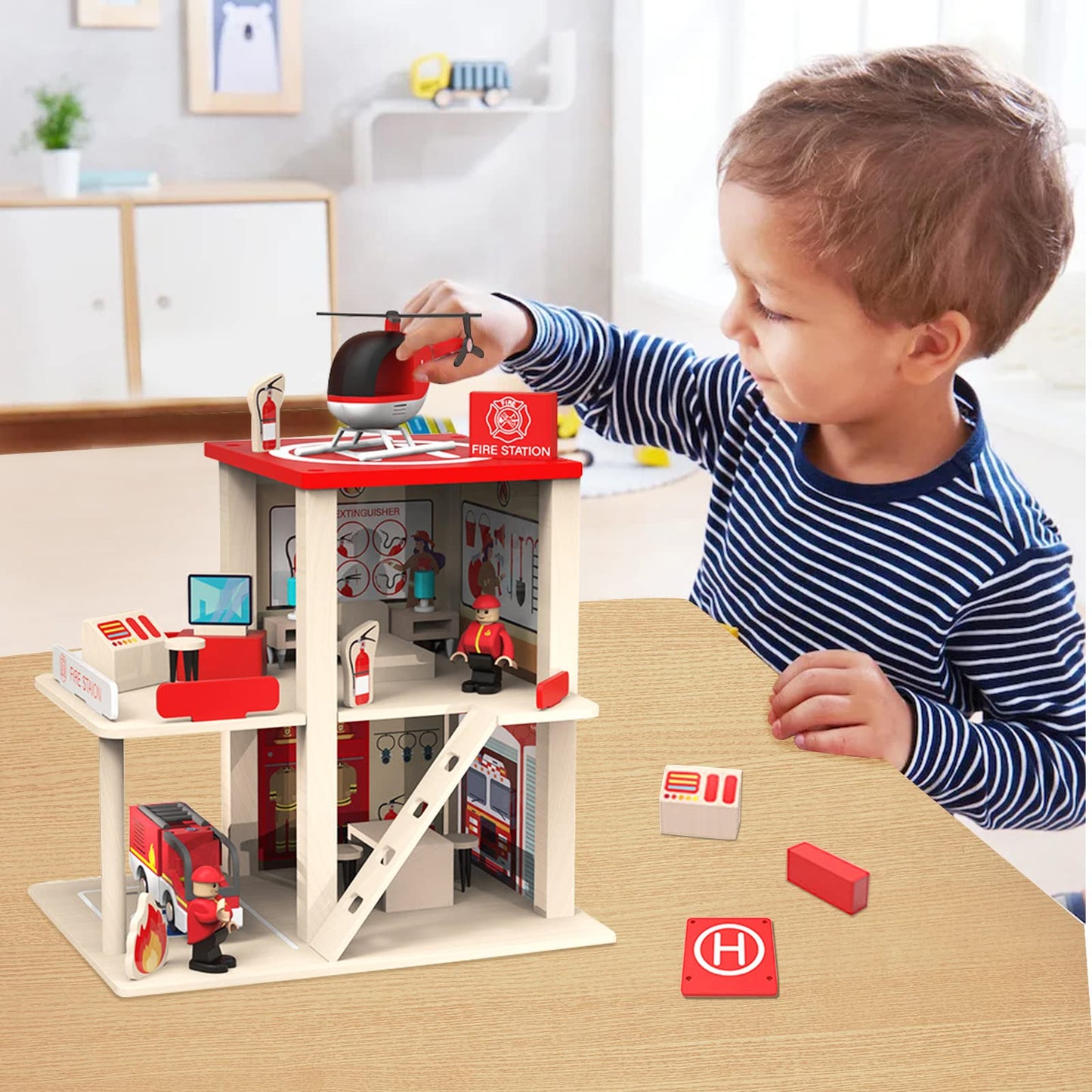 Bbtinker Wooden Fire Station Playset, Multicolor 3-Level Pretend Play Dollhouse With Figures, Truck, Helicopter And Accessories, Preschool Learning Educational Toys For Toddlers Kids Age 3 And Up