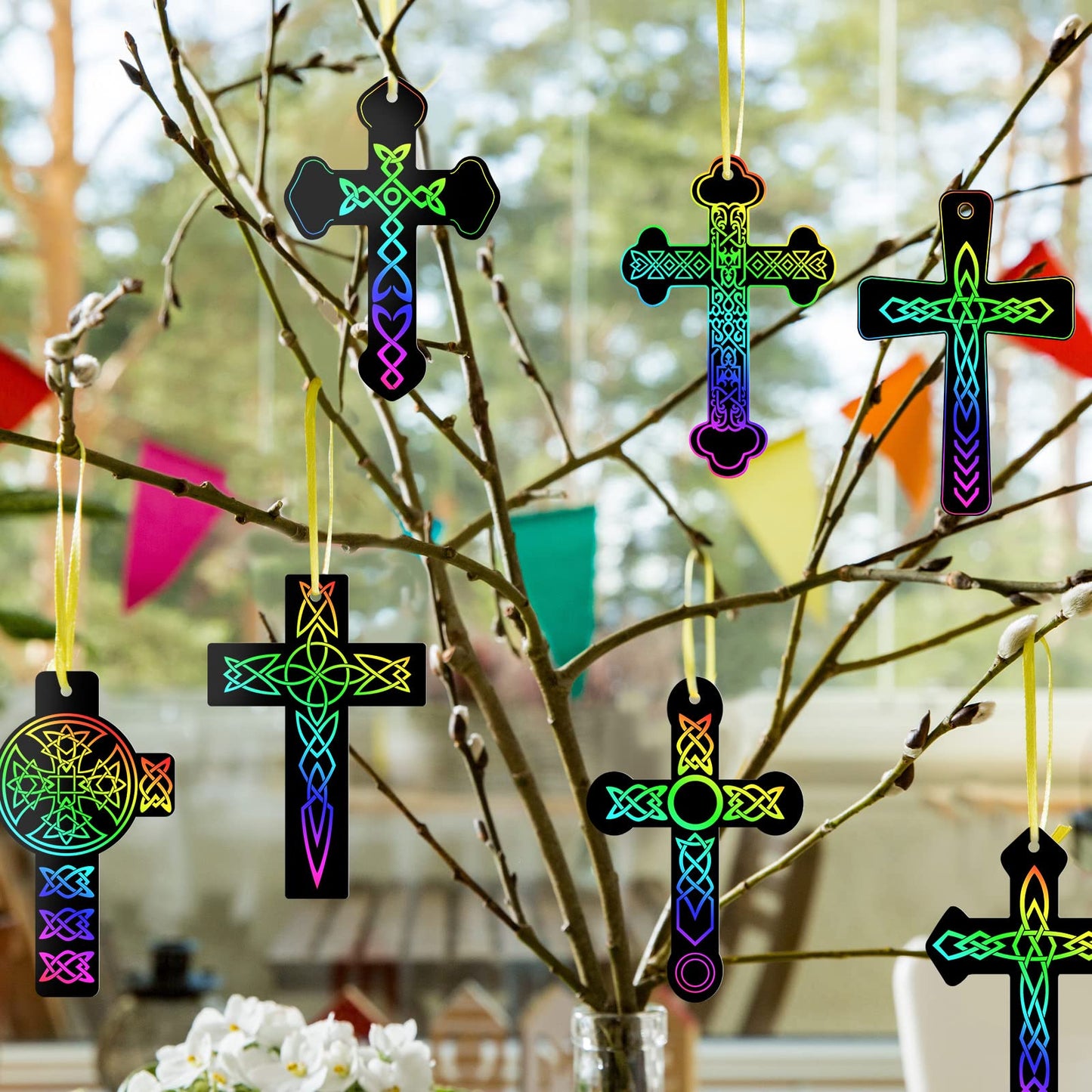 Chivao 80 Pcs Easter Scratch Cross Ornaments Rainbow Color Craft Kit Diy Scratch Paper Christian Gifts For Kids Sunday School Crafts Kids' Paper Craft Kits For Girls Boys With Wood Sticks Ribbons