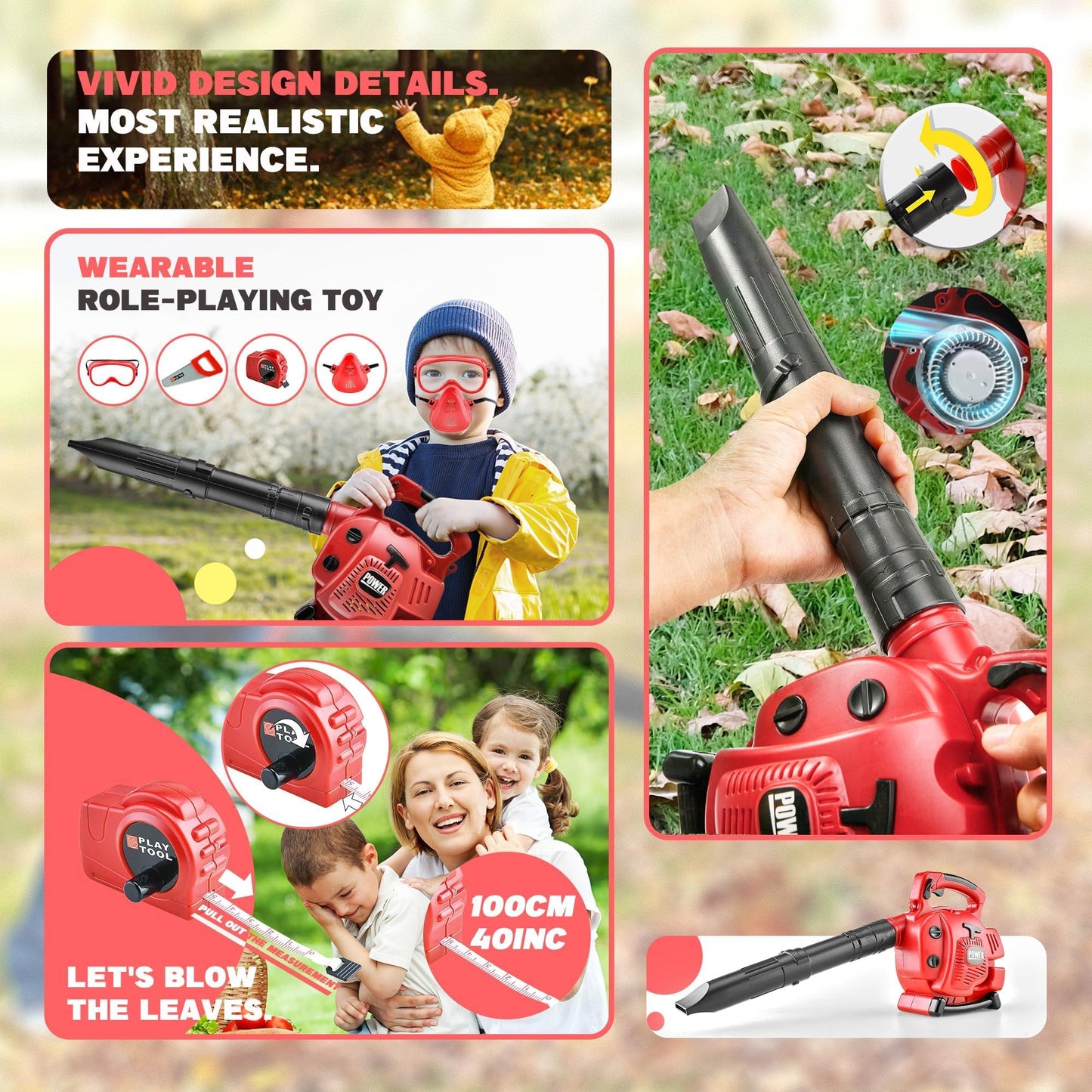 Bellochiddo Kids Leaf Blower - Pretend Play Series Outdoor Power Tool Toy Leaf Blower For Kids With Realistic Sounds And Wind, Gardening Tool Set