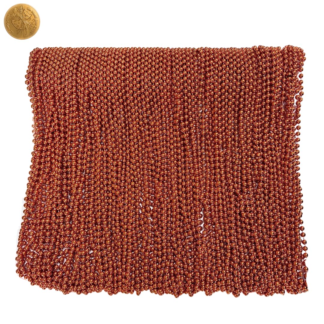 Mardi Gras Beads 33 inch 7mm, 12 Dozen, 144 Pieces, Orange Necklaces with Doubloon