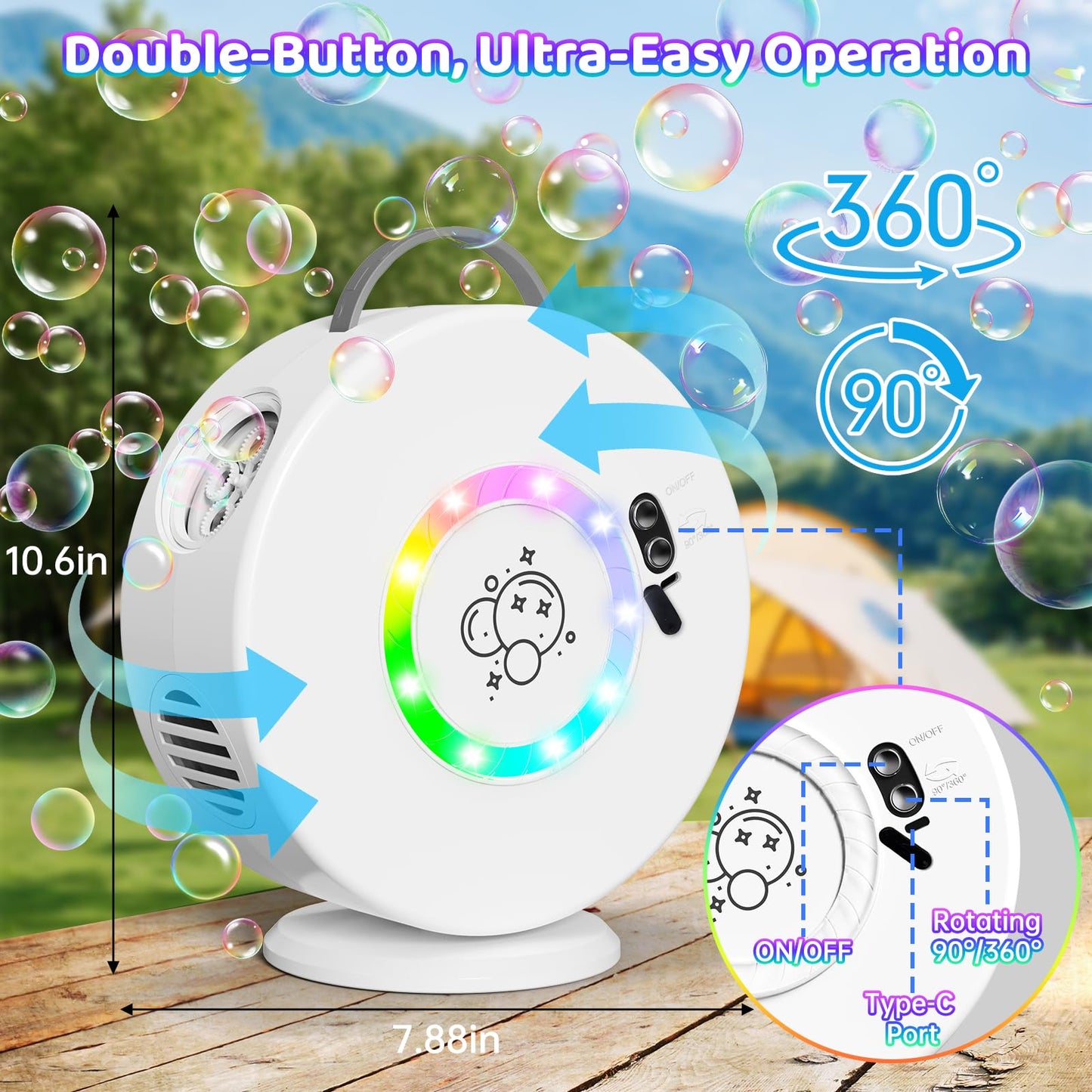 Bubble Machine For Kids Toddlers,90 360 Auto Rotatable Portable Bubble Maker Toy For 3 4 5 Year Old, Automatic Bubble Blower Wit