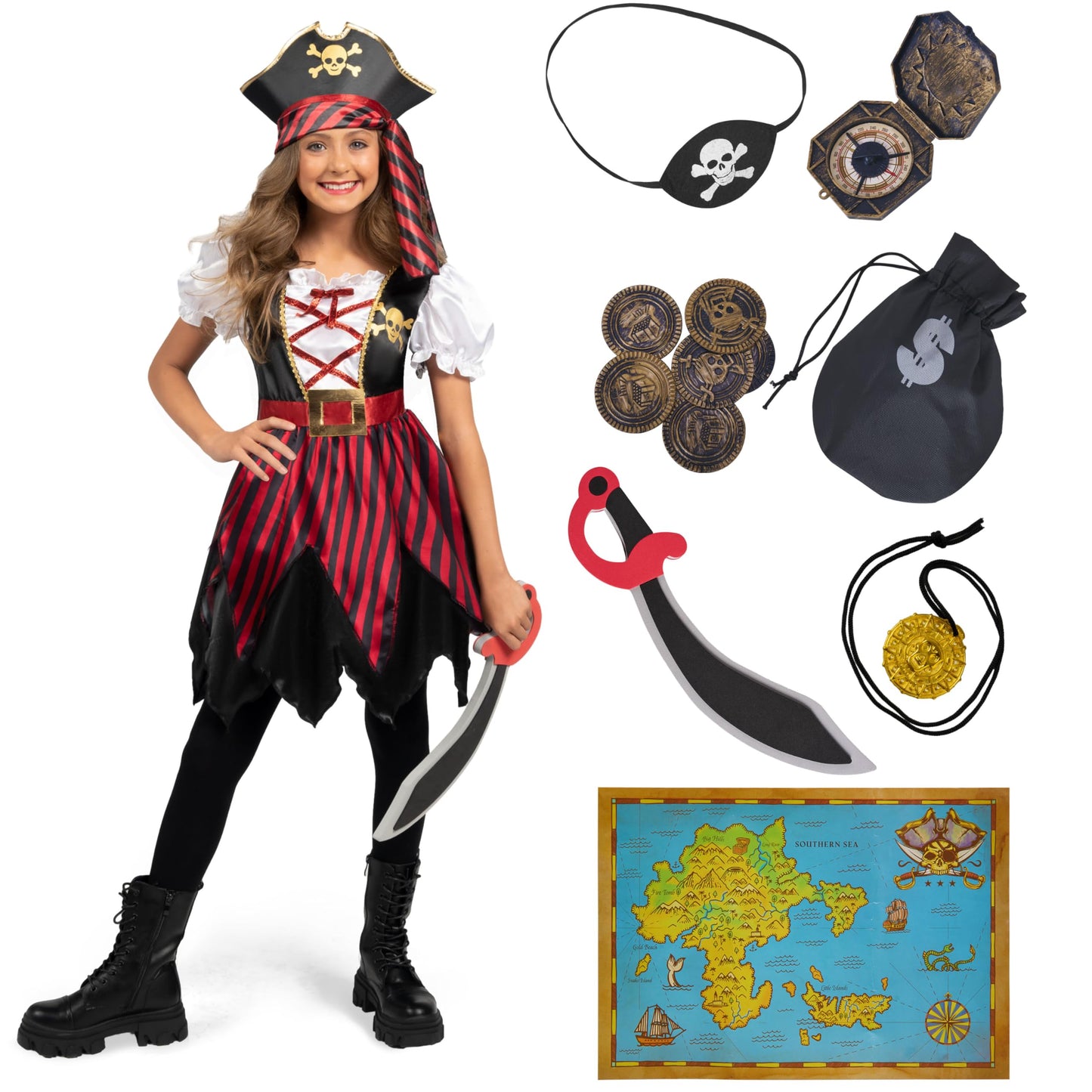 Spooktacular Creations Halloween Kids Pirate Costume  Black Pirate Dress for Girls  Buccaneer Princess Outfit for Girls Halloween Dress Up  RolePlay Themed Party (Medium  8-10 yrs)