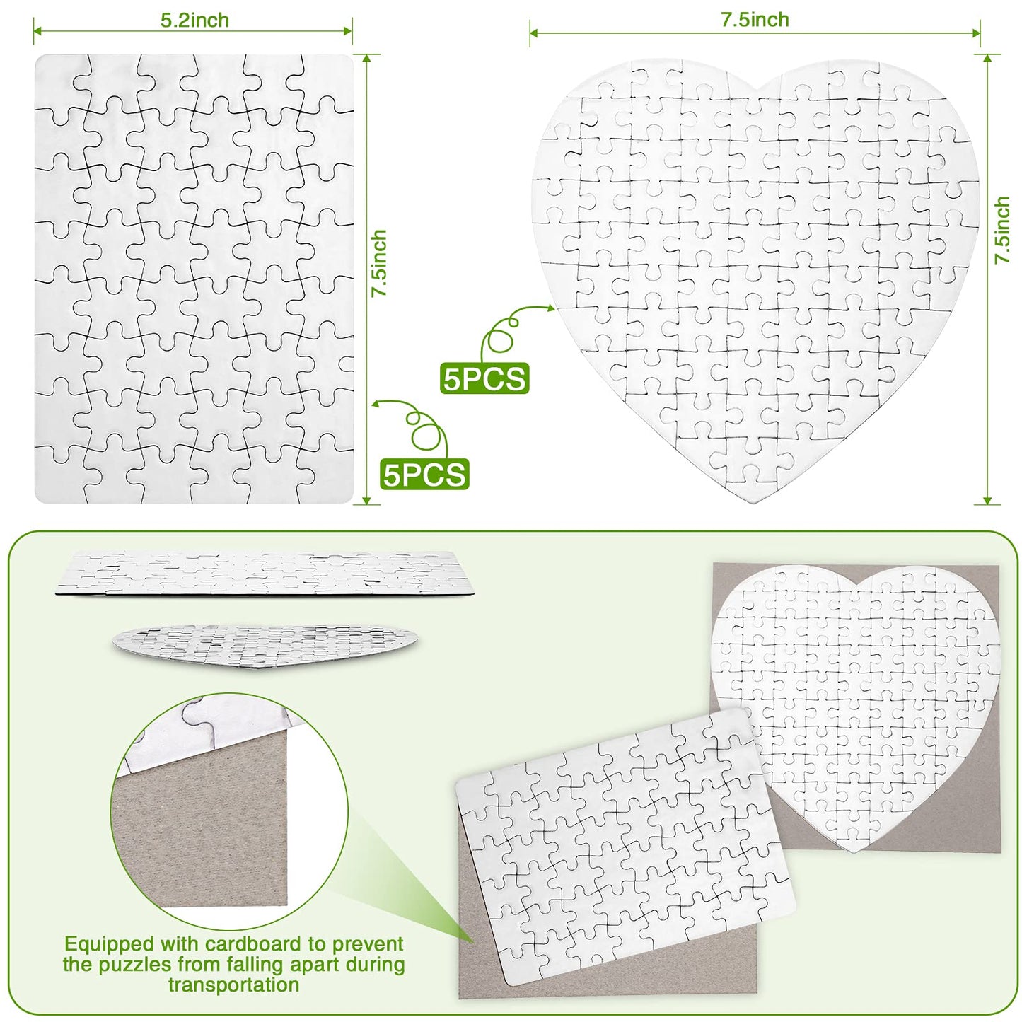Sumind 10 Sets Blank Sublimation Puzzle Jigsaw Rectangle Heart Shaped White Diy Custom Puzzle Heat Press Thermal Transfer Pearl(A5-48 Rectangle And 75-Heart Shaped)