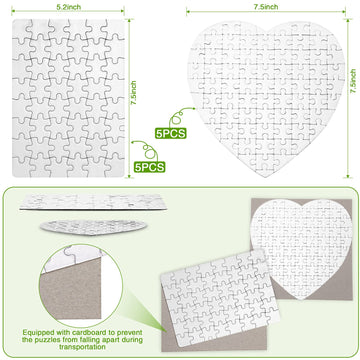 Sumind 10 Sets Blank Sublimation Puzzle Jigsaw Rectangle Heart Shaped White Diy Custom Puzzle Heat Press Thermal Transfer Pearl(A5-48 Rectangle And 75-Heart Shaped)