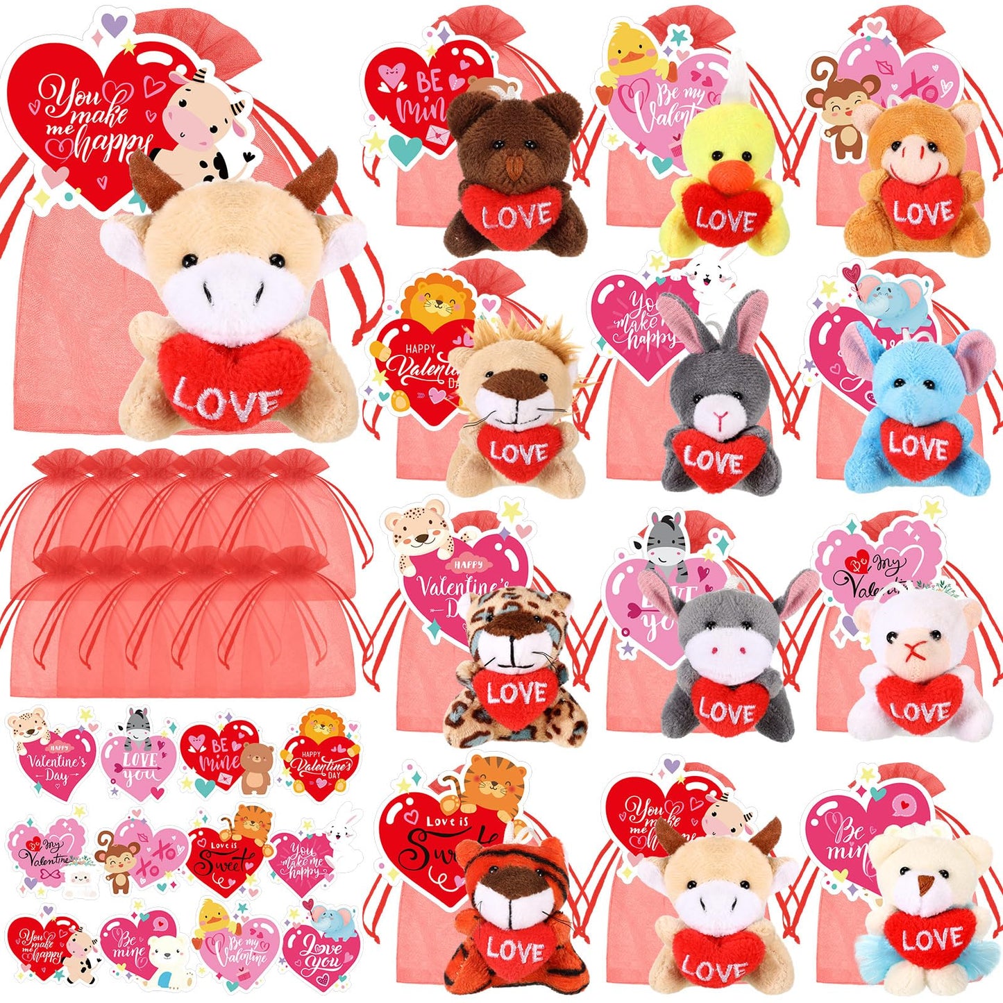 Blueweenly 36 Pcs Valentine'S Day Classroom Gifts For Kids, Valentine Mini Stuffed Animals Plush Toy With Heart Cards And Bags F