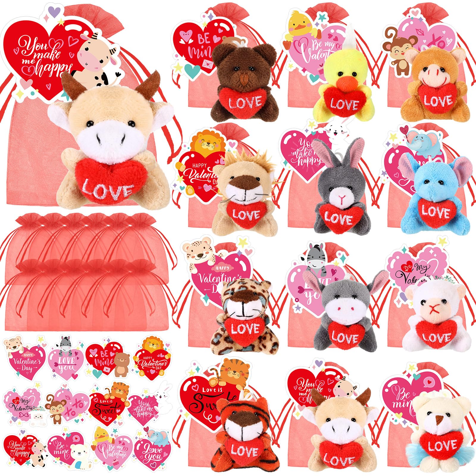 Blueweenly 36 Pcs Valentine'S Day Classroom Gifts For Kids, Valentine Mini Stuffed Animals Plush Toy With Heart Cards And Bags F