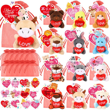 Blueweenly 36 Pcs Valentine'S Day Classroom Gifts For Kids, Valentine Mini Stuffed Animals Plush Toy With Heart Cards And Bags F