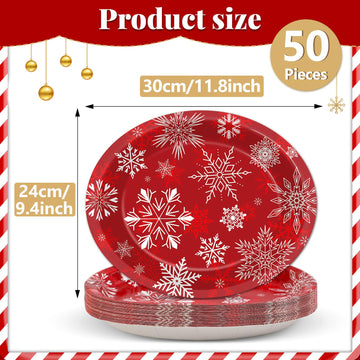 ZOIIWA 50 Pcs Christmas Oval Paper Plates 11 x 9Inch Paper Plates Heavy Duty, Christmas Large Disposable Dinner Serving Platters