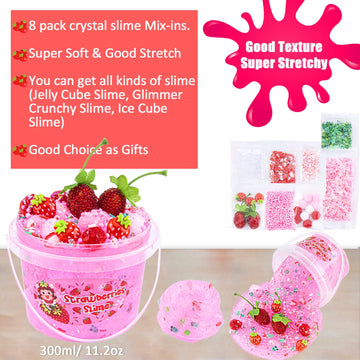 Crystal Slime, Pink Strawberry Jelly Cube Glimmer Crunchy Clear Slime With 8 Add-Ins, Idea Stress Relief Toy, Kids Party Favor, Birthday Easter Christmas New Year Gift For Girls & Boys Age 6 7 8 9 10+