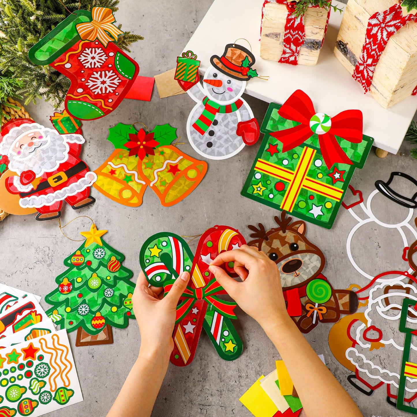 DoubleFill 48 Sets Christmas Suncatchers Craft Kit Ornaments Stained Glass Christmas Window Arts and Crafts Kit for Classroom Ho